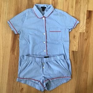 J Crew Chambray Red Trim Pajama Short Sleeve Shorts Set (S Bottom / XS Top)